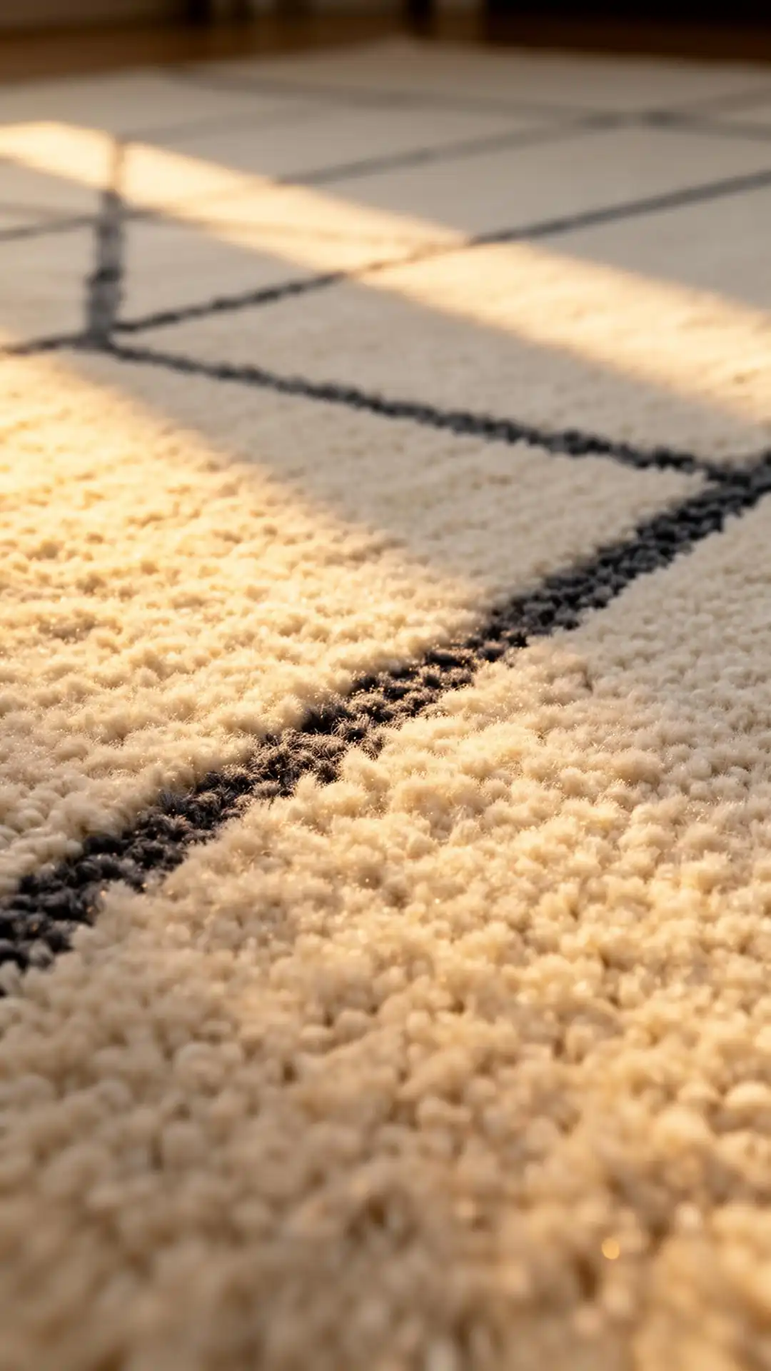 Macro detail of a hand-tufted cream rug in raking sunlight